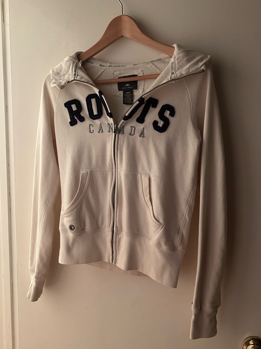 Roots Cream Zip-Up Varsity Hoodie with Navy Lettering
